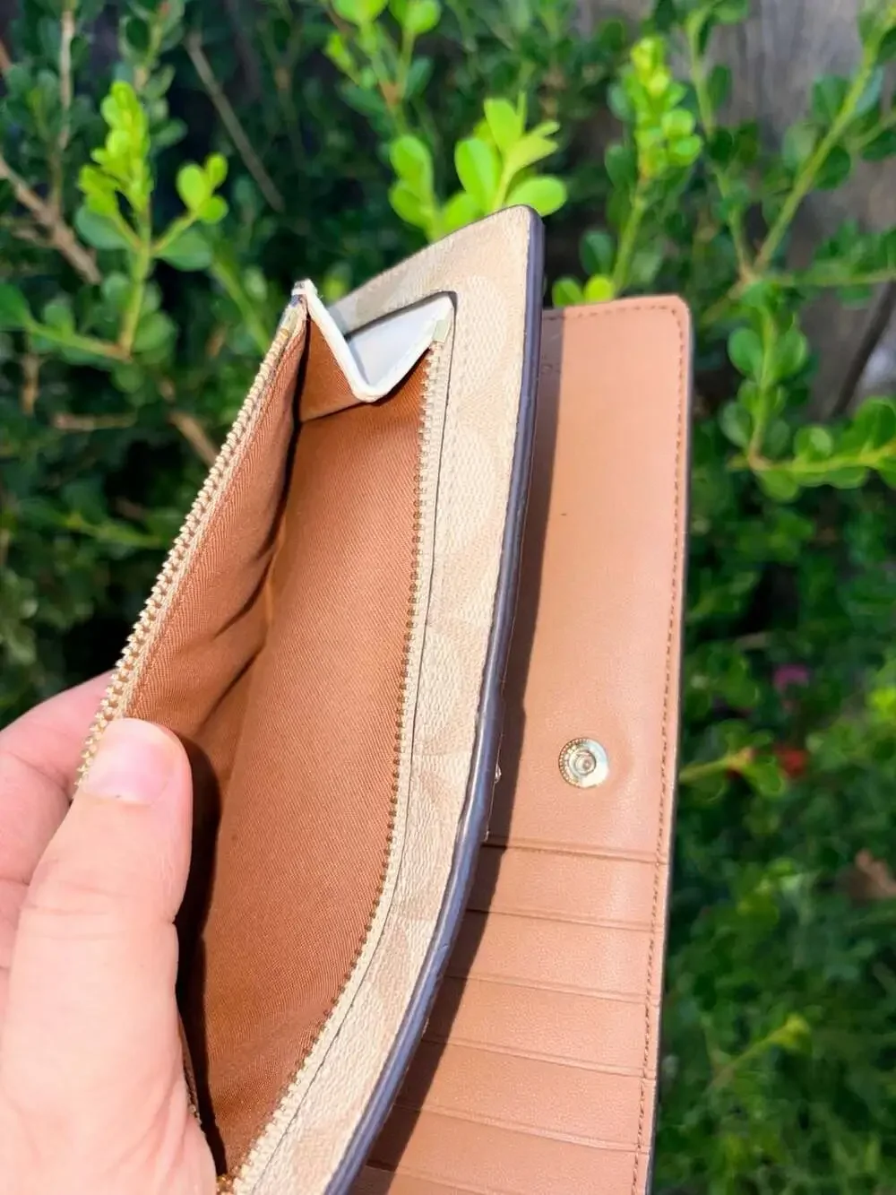 Coach Beige Signature Logo Canvas Long Slim Bifold Wallet